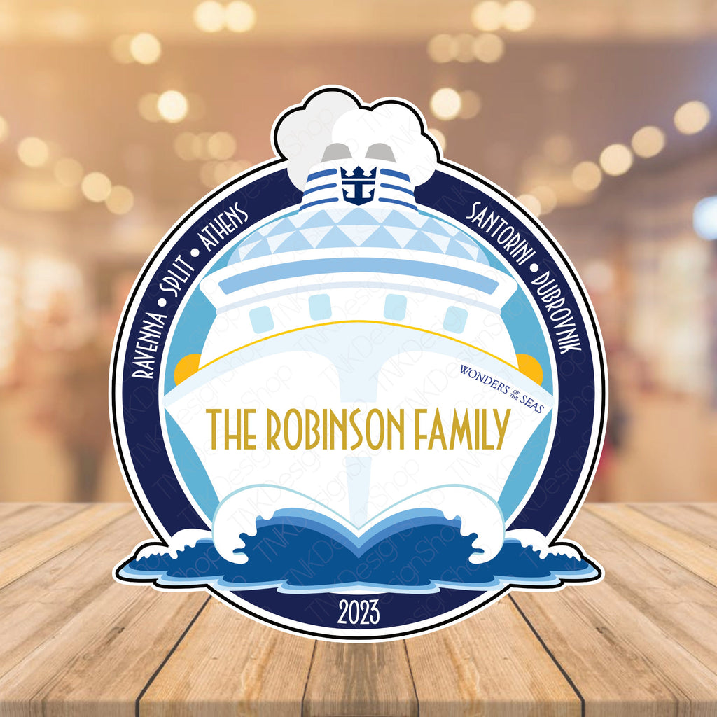 Royal Caribbean Cruise Door Magnet Cruise Ship with Personalized Family Name, Ports of Call, Ship Name, Year for Royal Caribbean Cruise Door